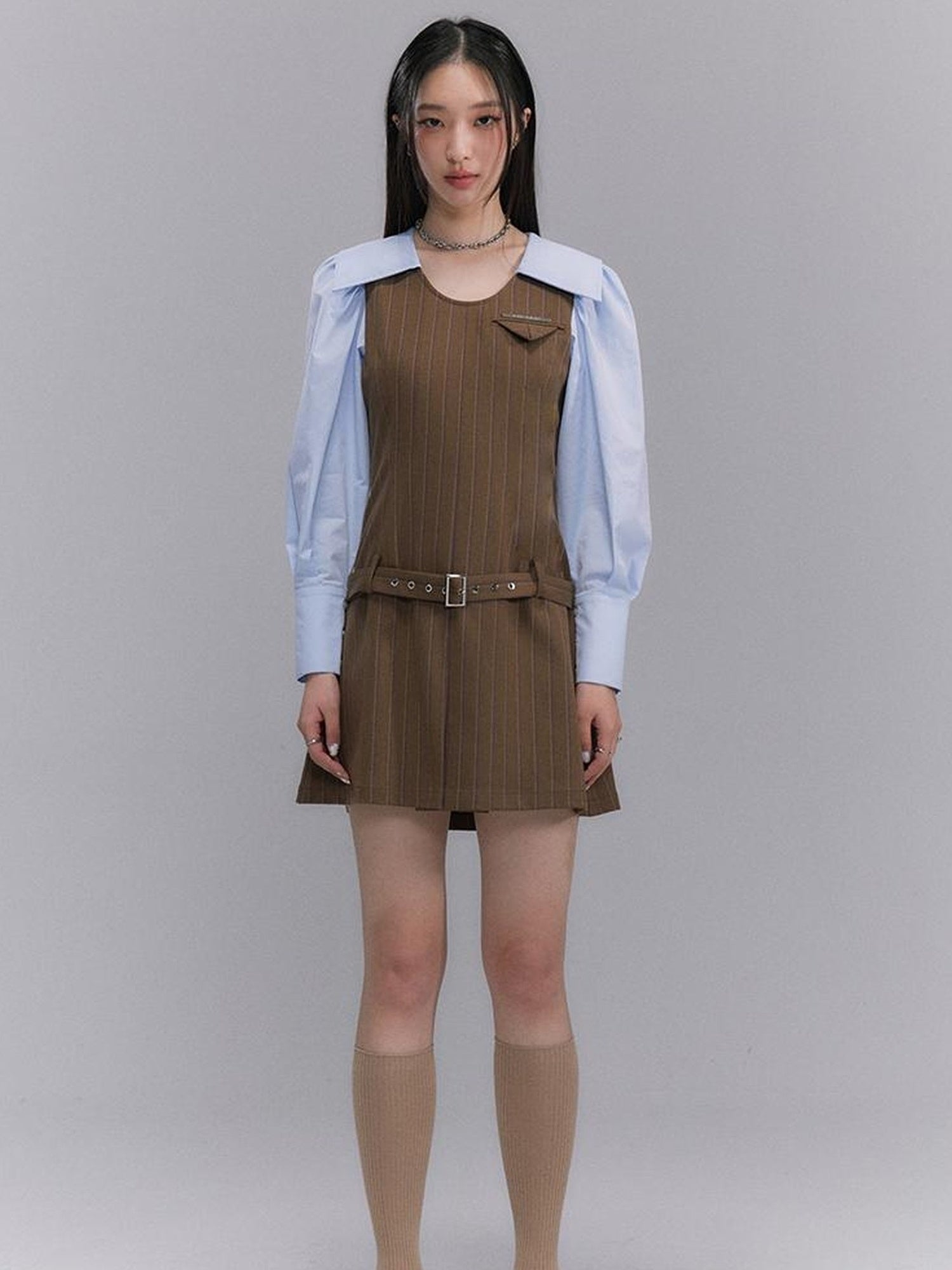 DIDDI MODA Retro Color Block A Line Dress With Low Waist Belt