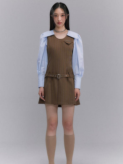 DIDDI MODA Retro Color Block A Line Dress With Low Waist Belt