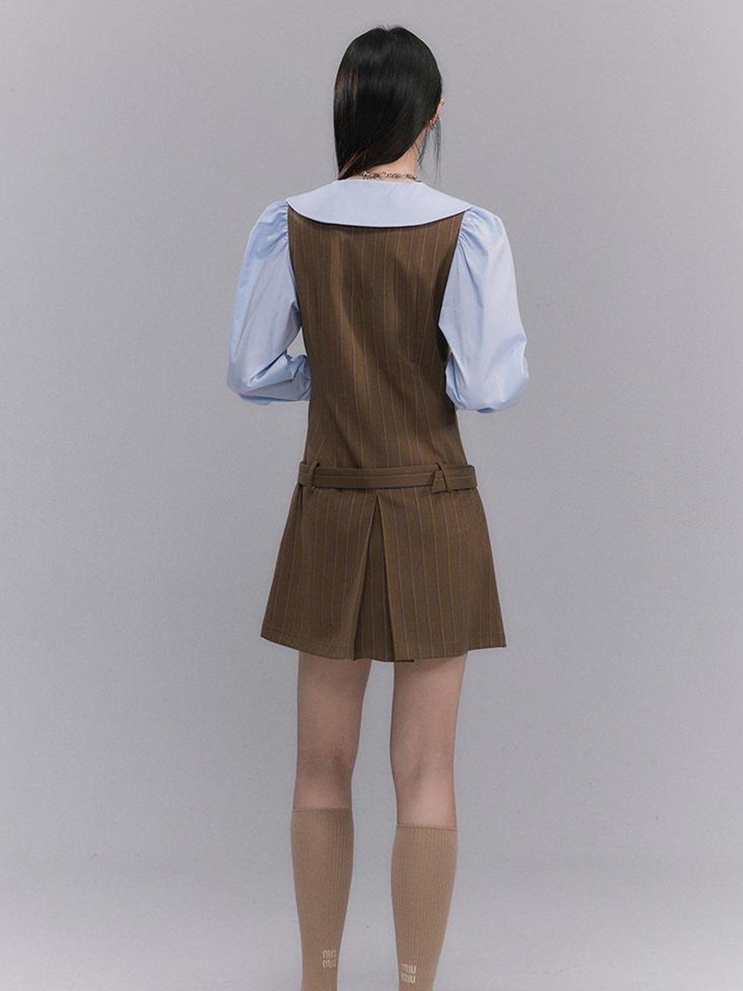 DIDDI MODA Retro Color Block A Line Dress With Low Waist Belt