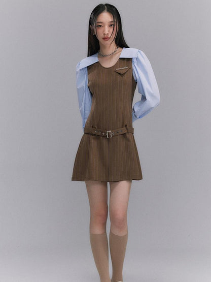 DIDDI MODA Retro Color Block A Line Dress With Low Waist Belt