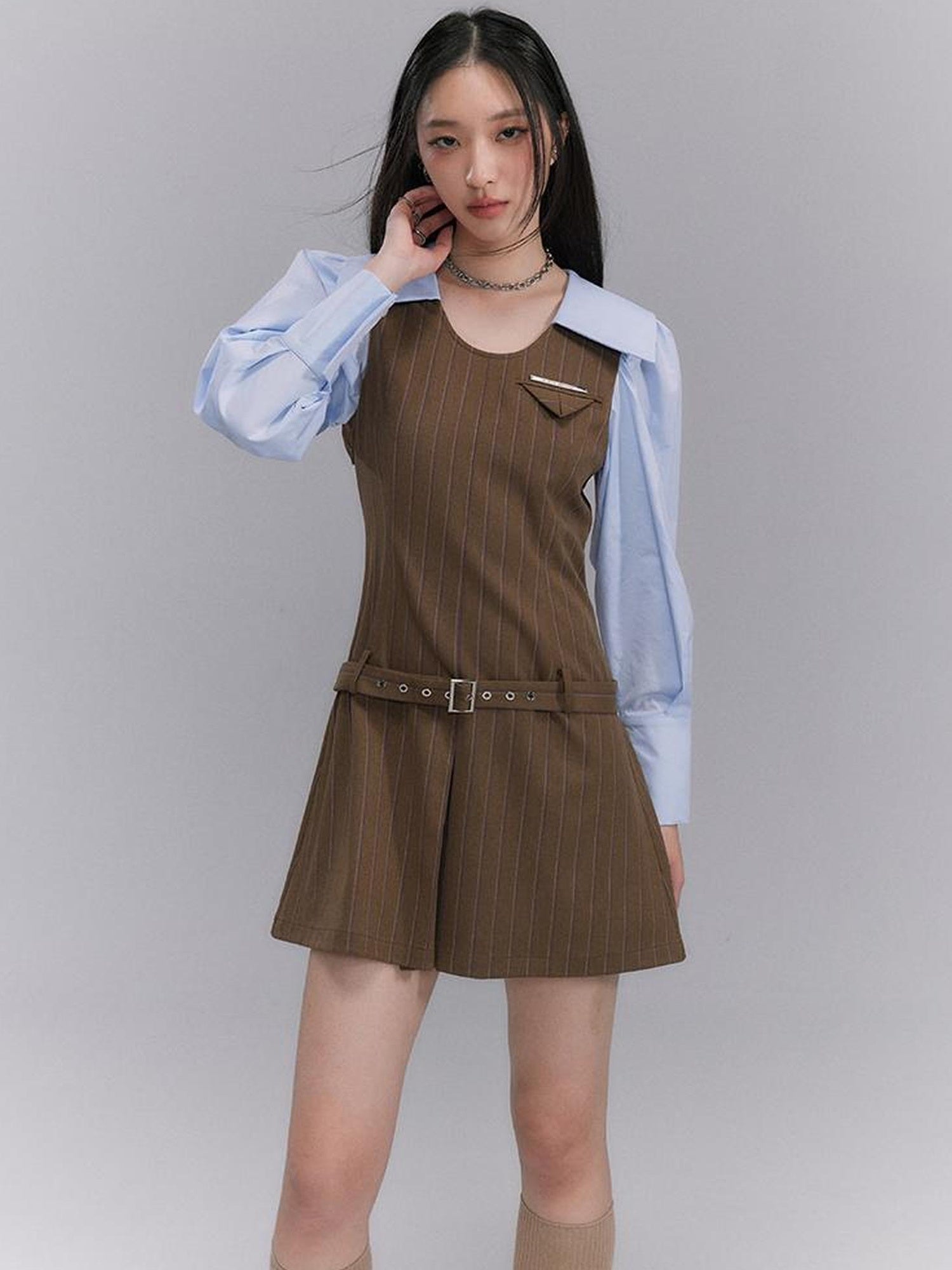 DIDDI MODA Retro Color Block A Line Dress With Low Waist Belt