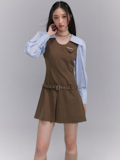 DIDDI MODA Retro Color Block A Line Dress With Low Waist Belt