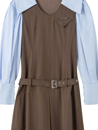 DIDDI MODA Retro Color Block A Line Dress With Low Waist Belt