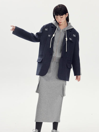 DIDDI MODA Retro Colorblock Embroidered Hoodie Skirt Set