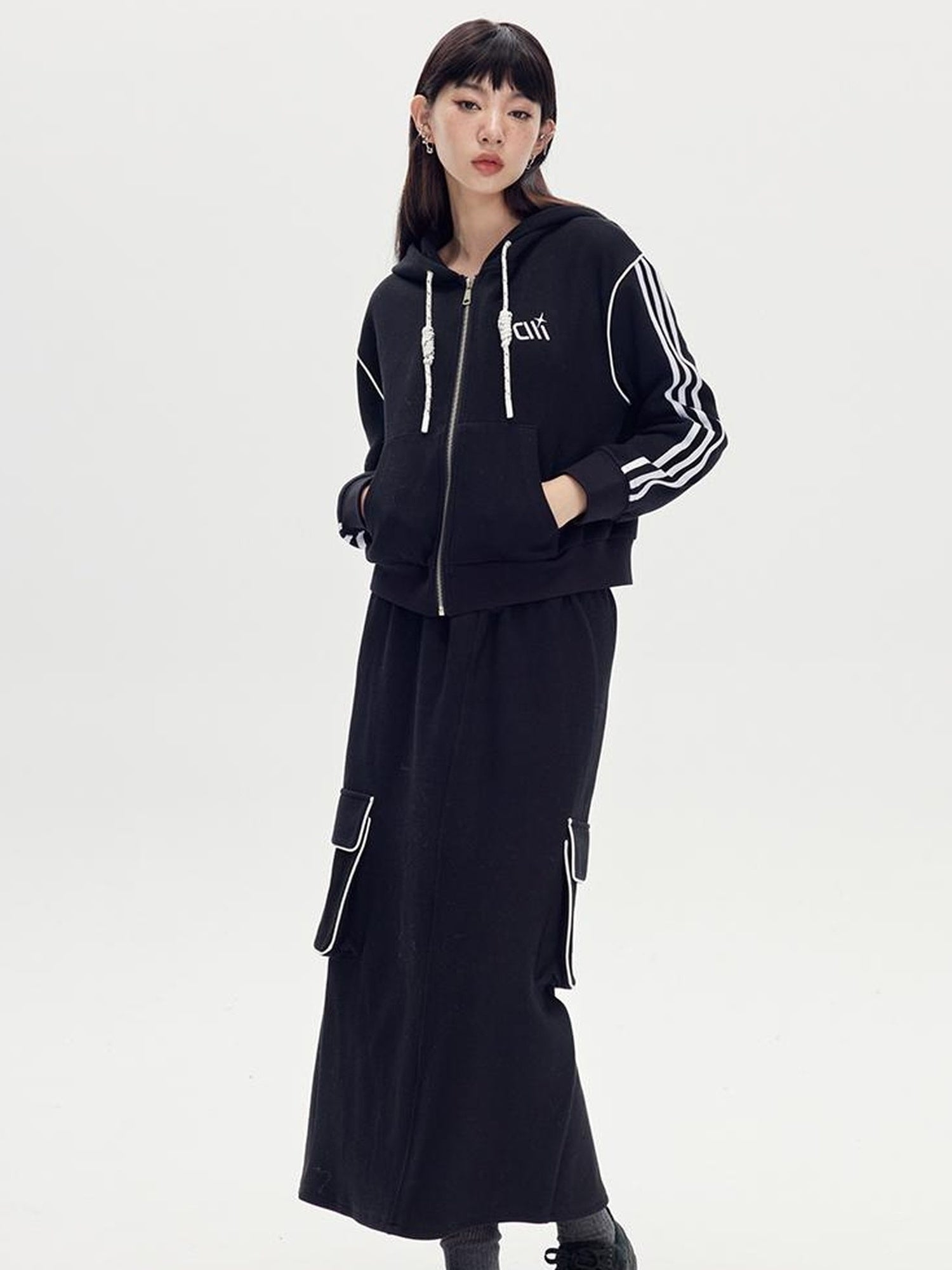 DIDDI MODA Retro Colorblock Embroidered Hoodie Skirt Set