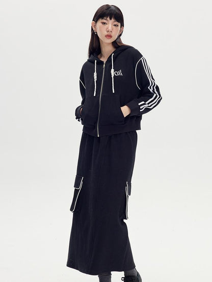 DIDDI MODA Retro Colorblock Embroidered Hoodie Skirt Set