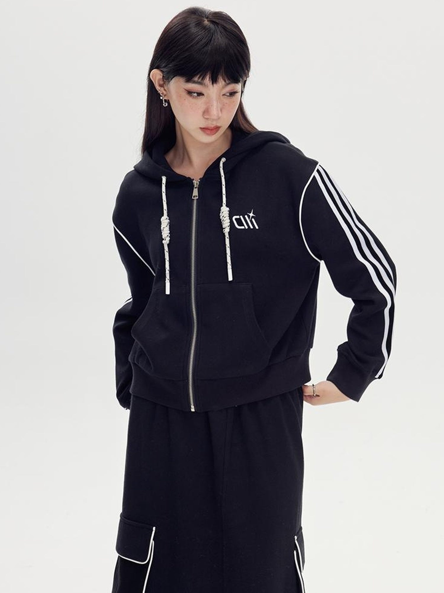 DIDDI MODA Retro Colorblock Embroidered Hoodie Skirt Set