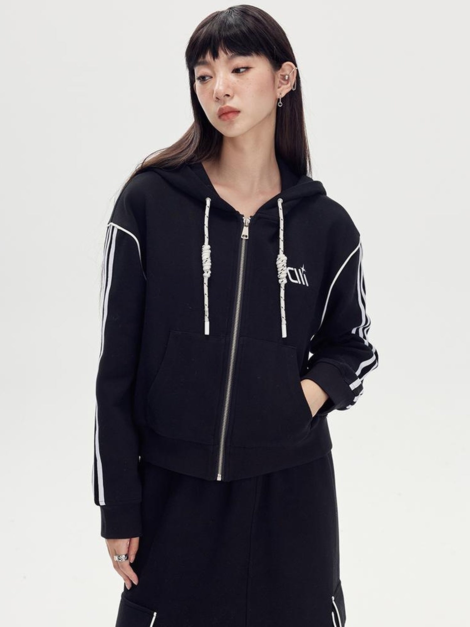 DIDDI MODA Retro Colorblock Embroidered Hoodie Skirt Set
