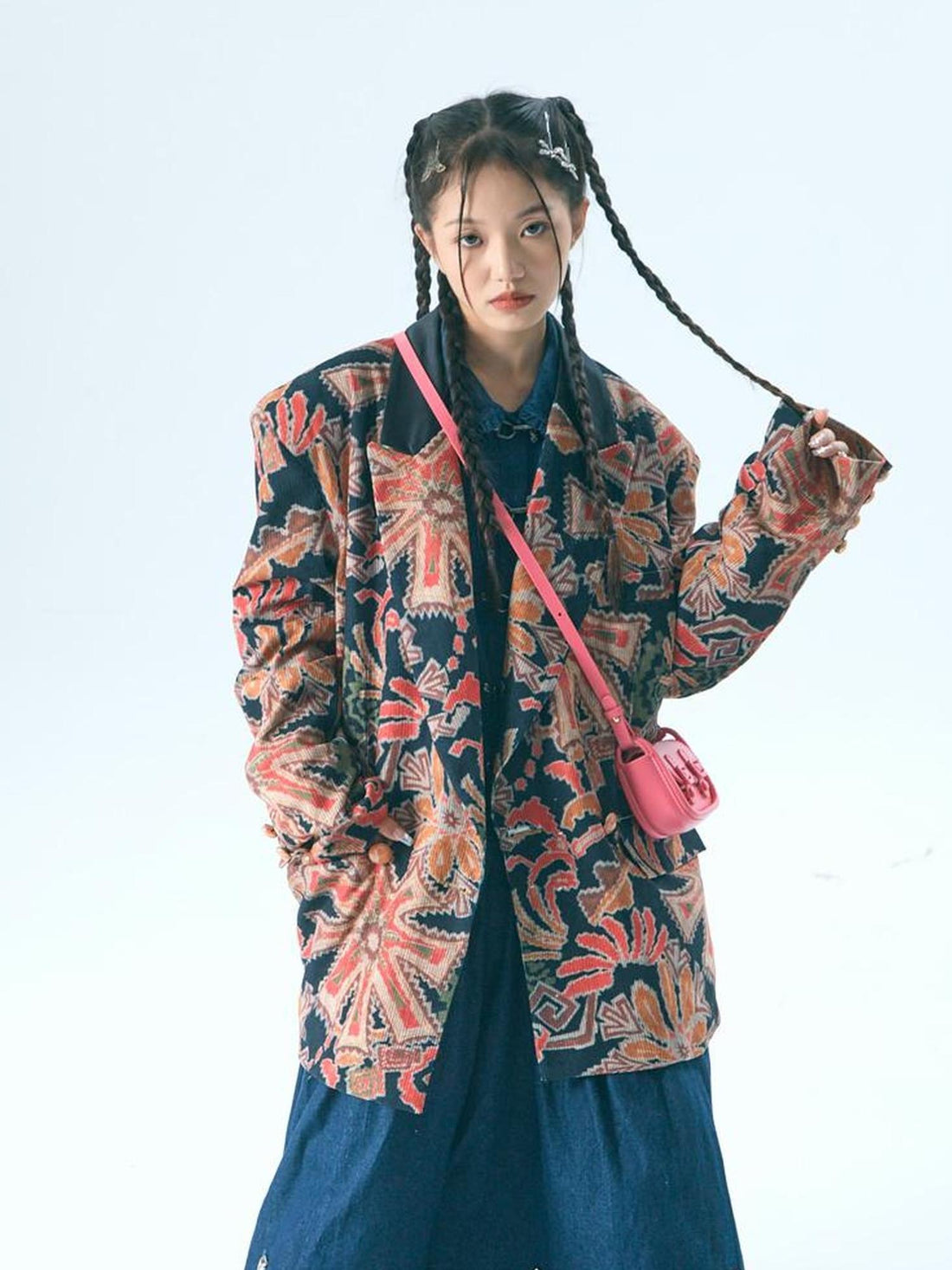Sweet Mi Retro Corduroy Wide Shoulder Jacket With Gold Buckle