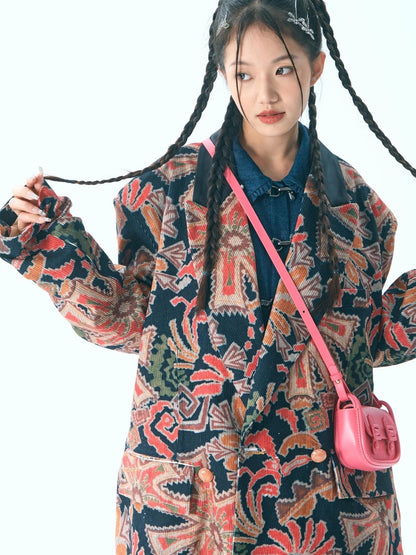 Sweet Mi Retro Corduroy Wide Shoulder Jacket With Gold Buckle