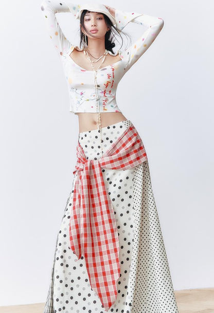 OfAkiva Retro Cute Polka Dot Patchwork Plaid Casual Midi Skirt