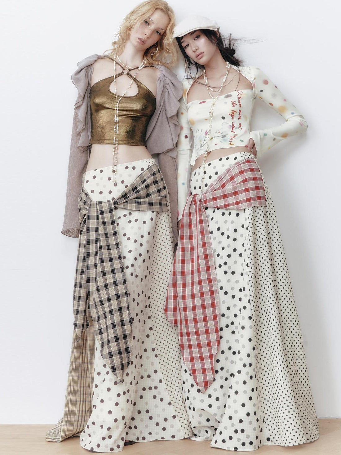 OfAkiva Retro Cute Polka Dot Patchwork Plaid Casual Midi Skirt