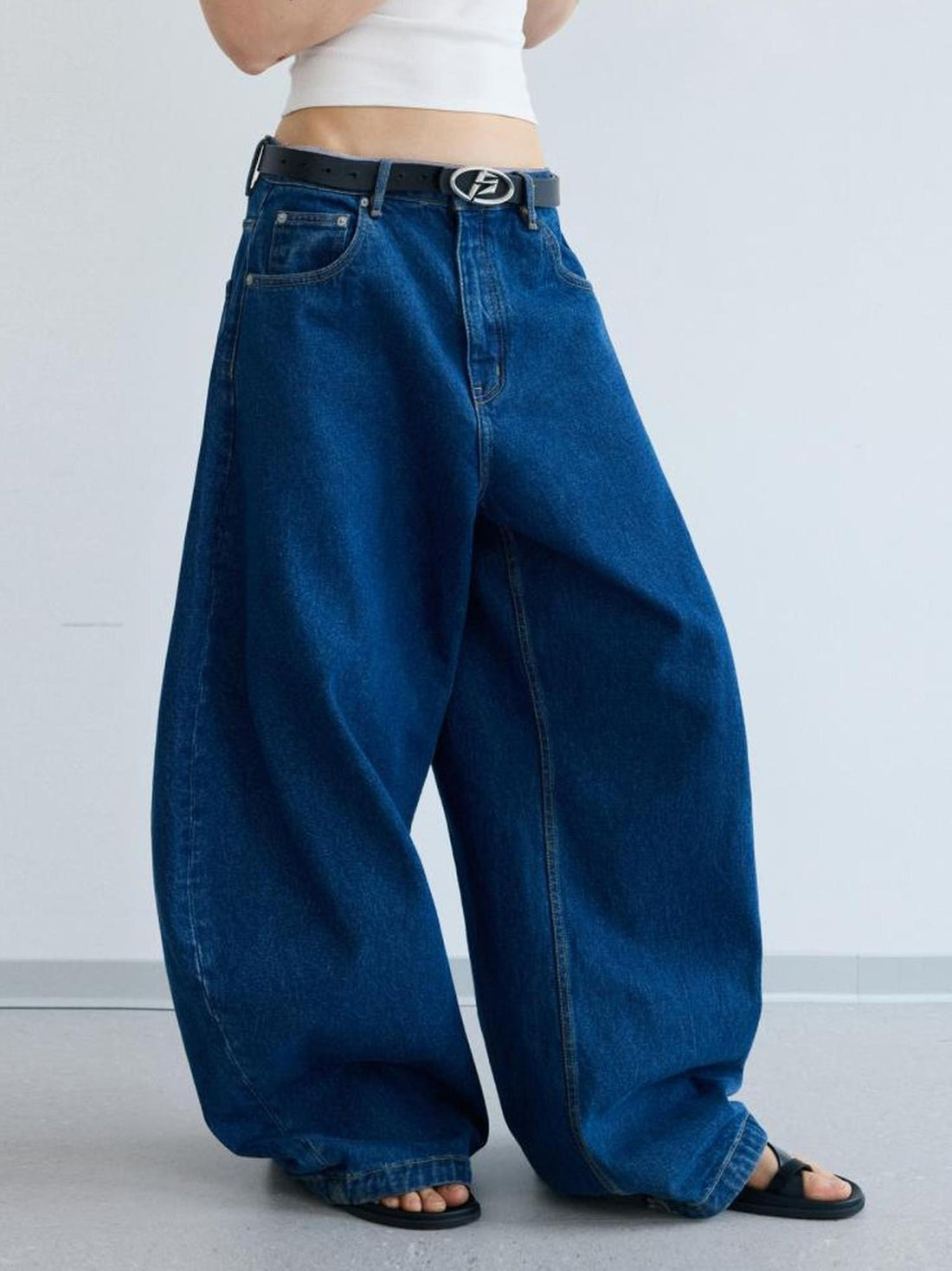 Peoplesense Retro Distressed Curved Blade Wide Leg Jeans