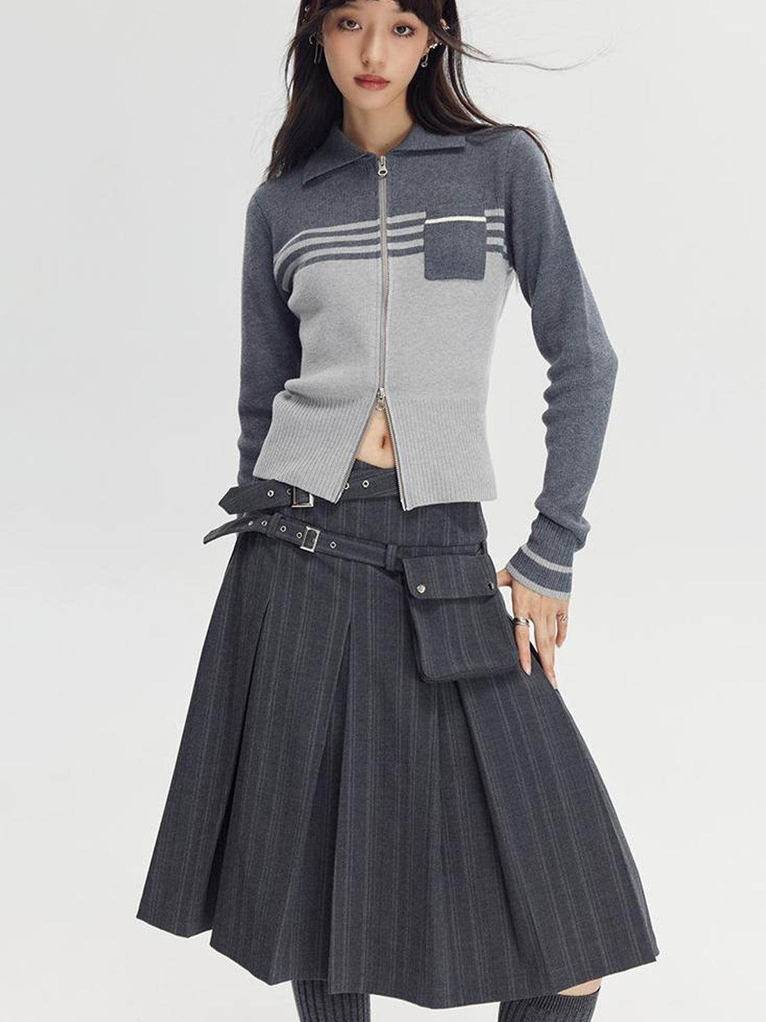 DIDDI MODA Retro Dual Zip Colorblock Knit Sweater