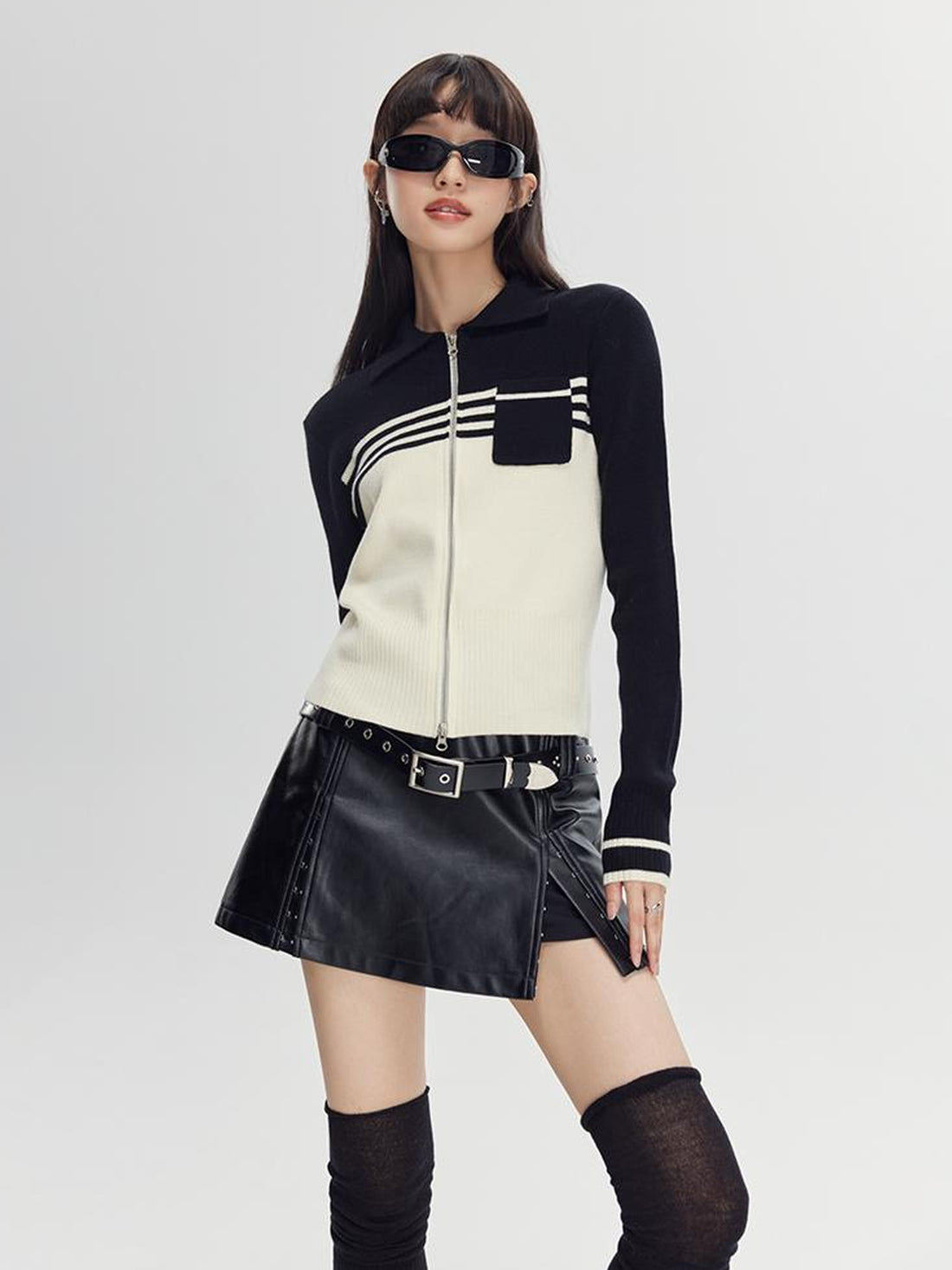 DIDDI MODA Retro Dual Zip Colorblock Knit Sweater