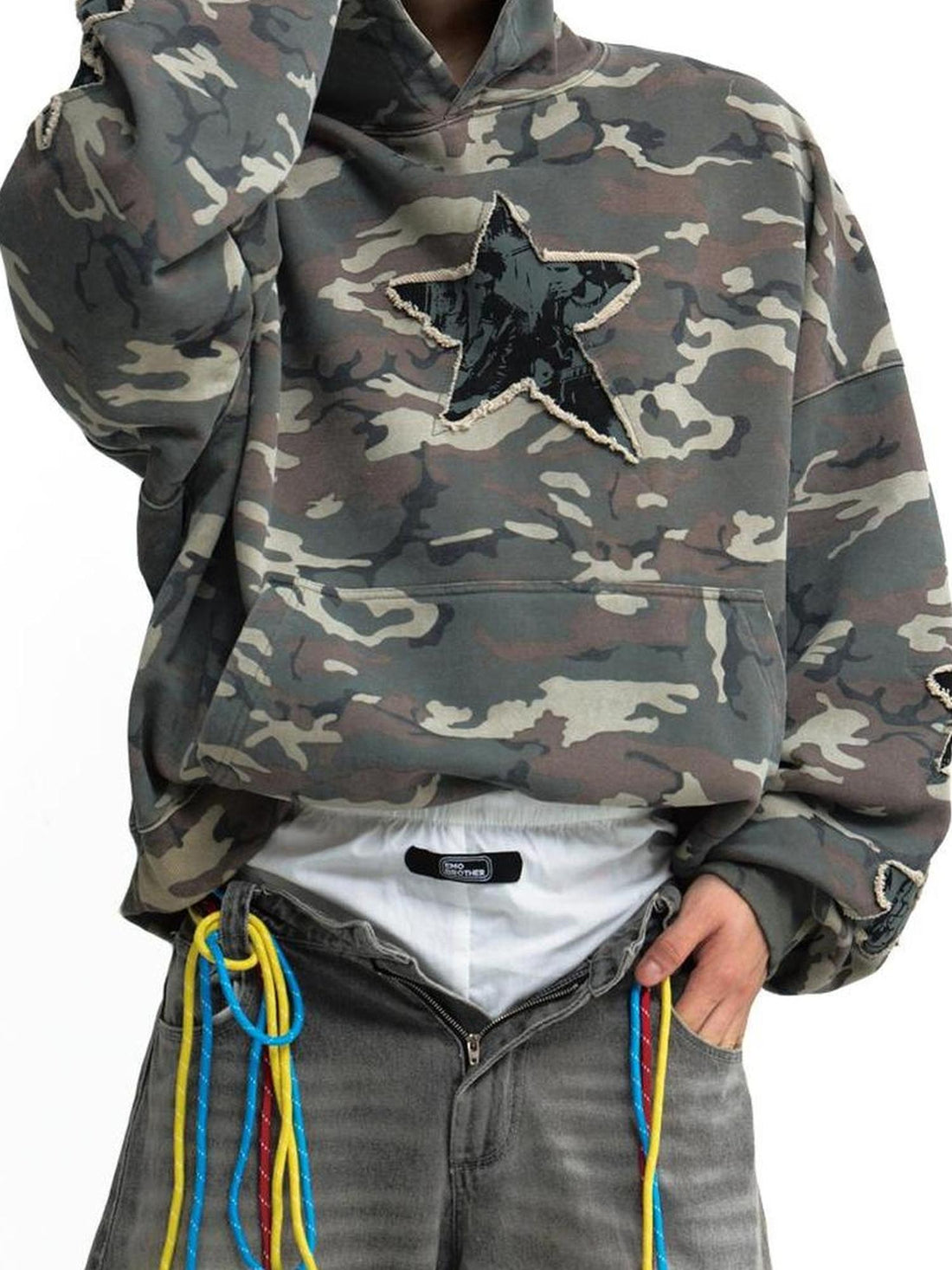 Peoplesense Retro Embroidered Camo Hoodie Unisex Washed Loose Pullover