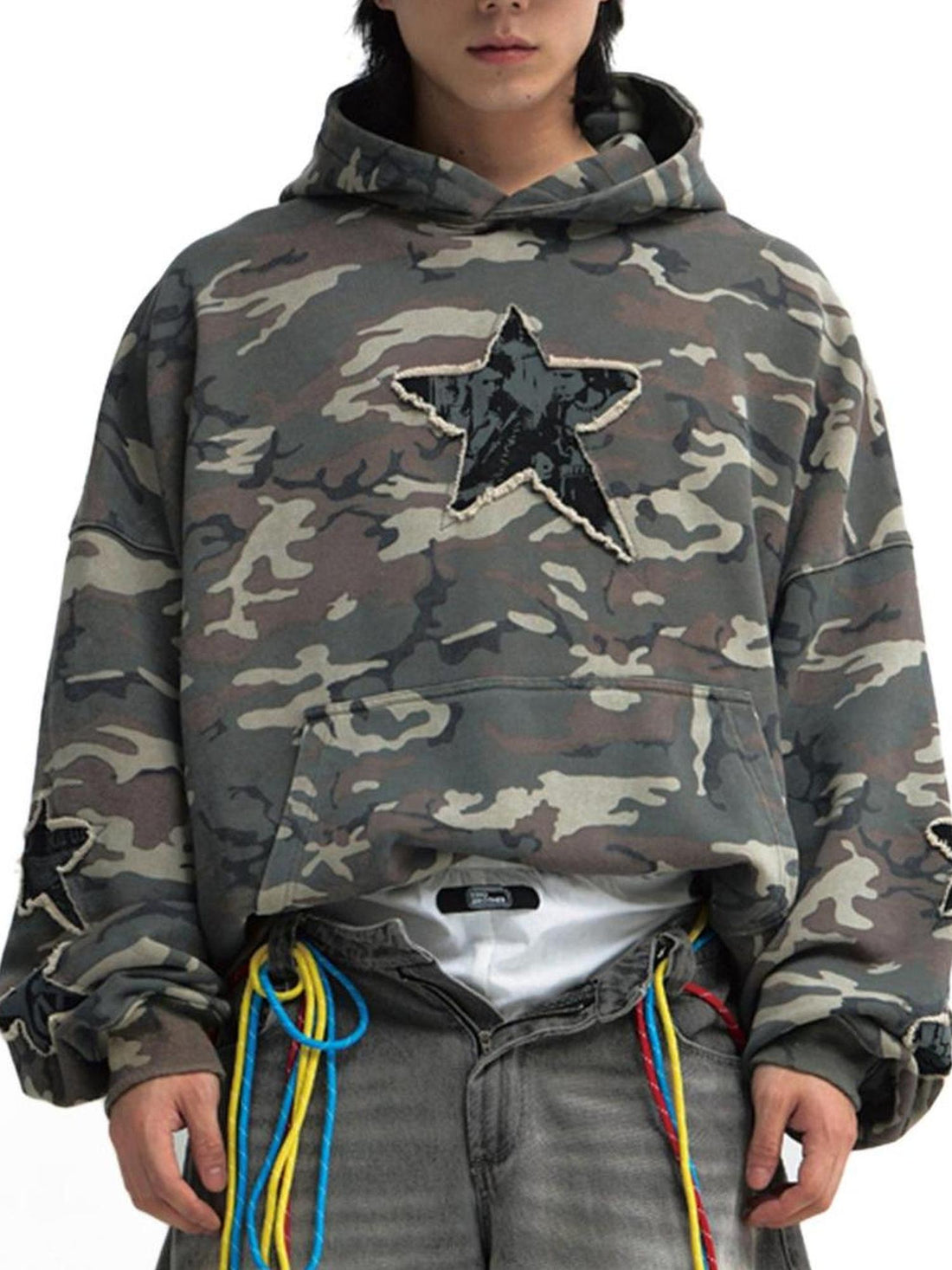 Peoplesense Retro Embroidered Camo Hoodie Unisex Washed Loose Pullover