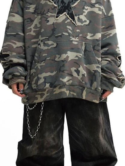 Retro Embroidered Camo Hoodie Unisex Washed Loose Pullover