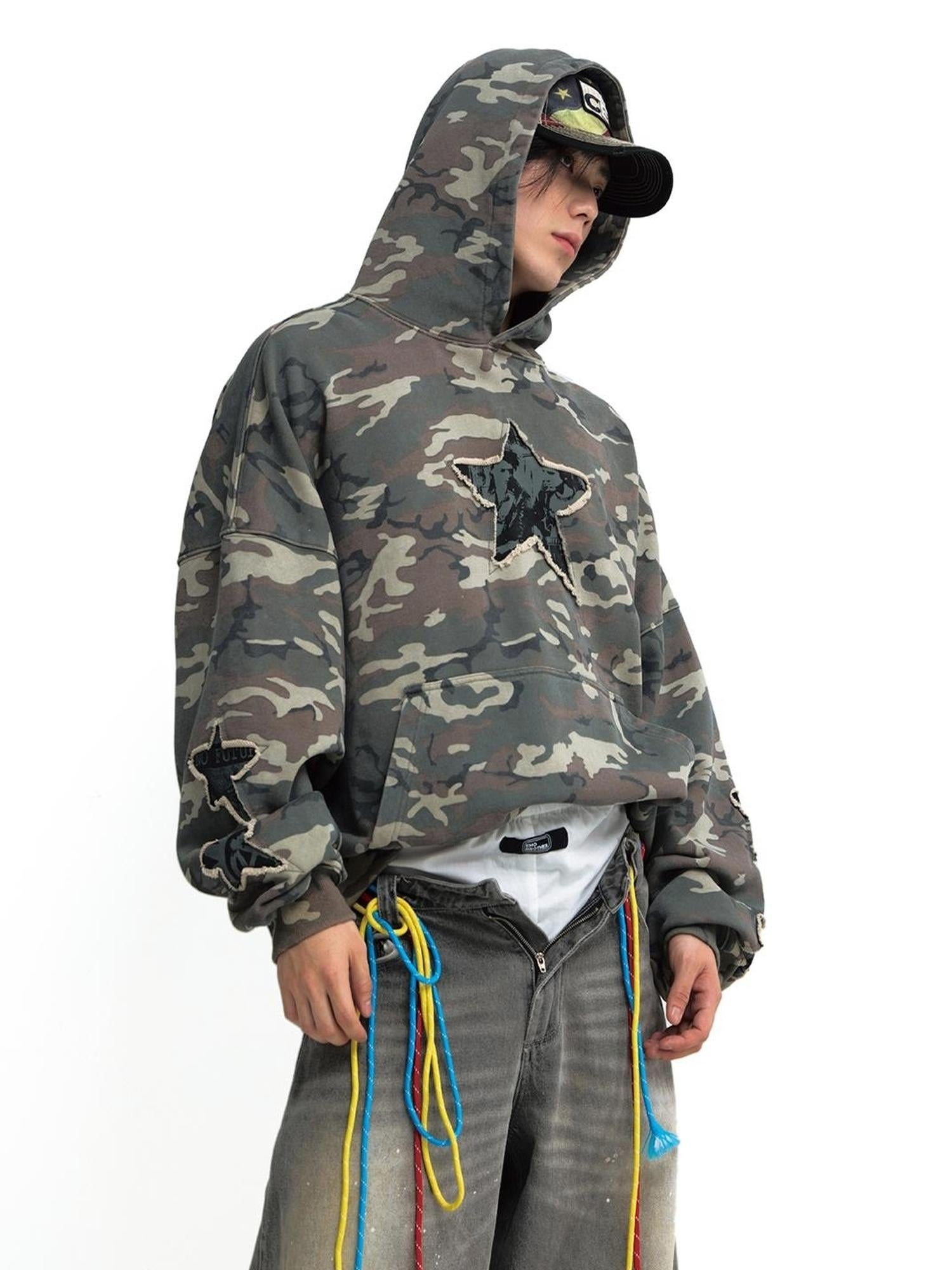 Peoplesense Retro Embroidered Camo Hoodie Unisex Washed Loose Pullover