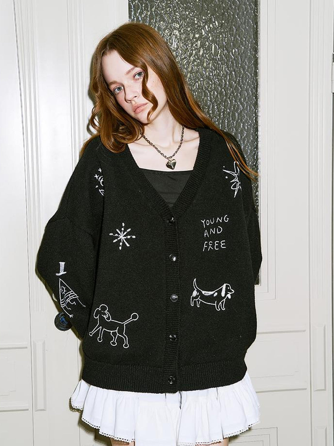 DIDDI MODA Retro Embroidered Dachshund V Neck Knit Cardigan