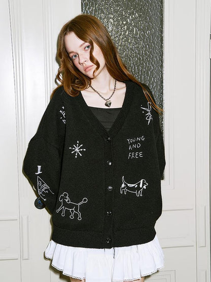 DIDDI MODA Retro Embroidered Dachshund V Neck Knit Cardigan