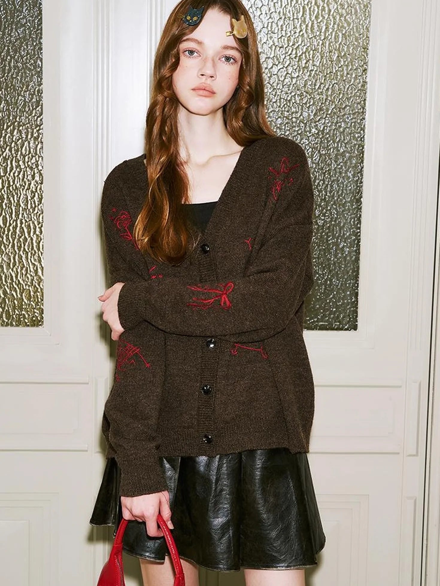 Retro Embroidered Dachshund V Neck Knit Cardigan