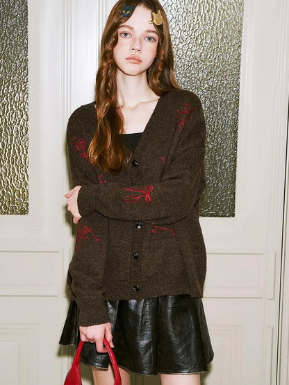 Retro Embroidered Dachshund V Neck Knit Cardigan