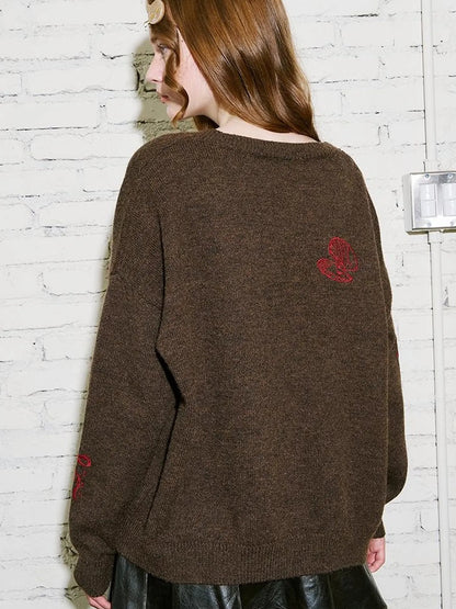 Retro Embroidered Dachshund V Neck Knit Cardigan