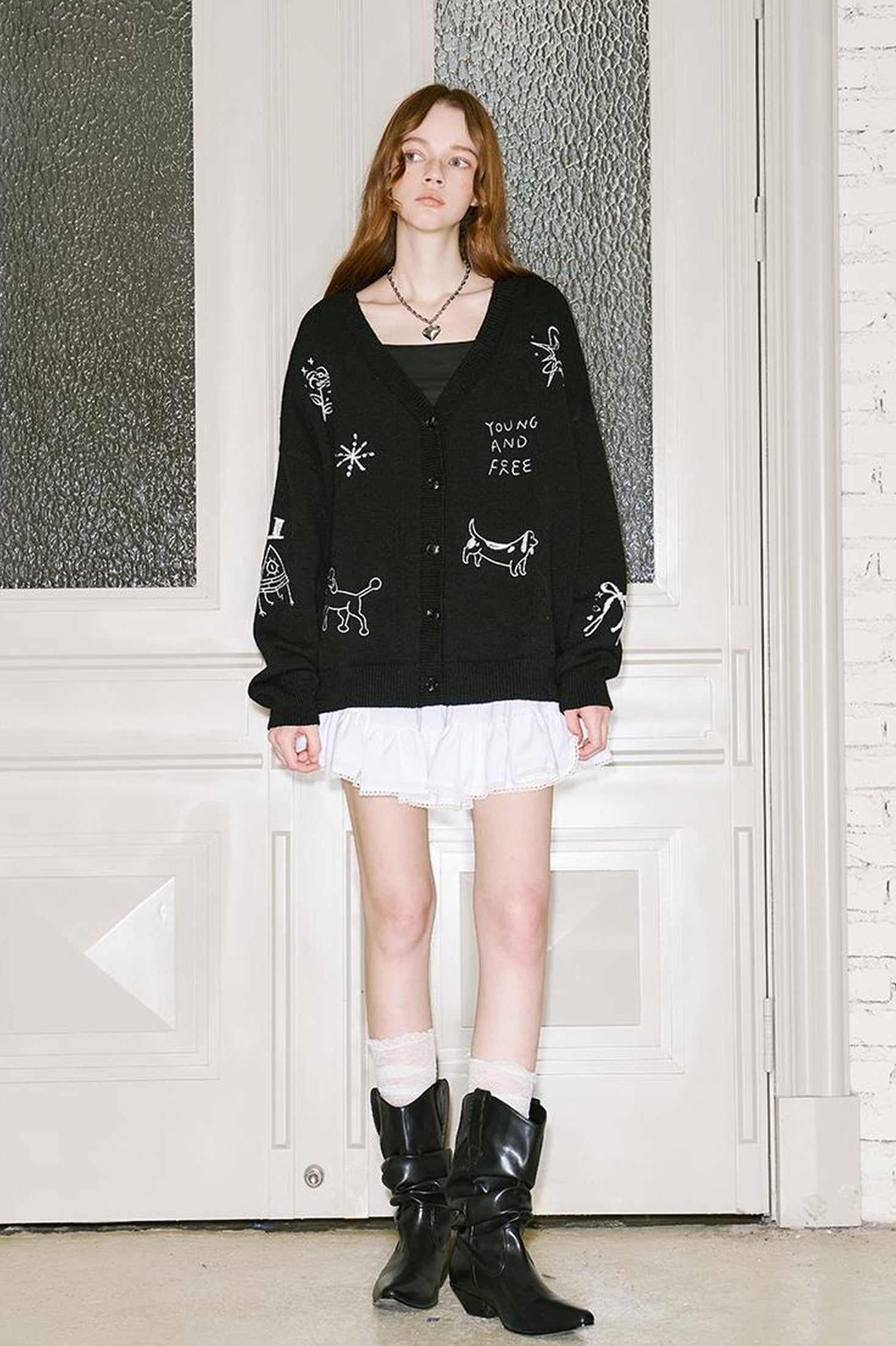 DIDDI MODA Retro Embroidered Dachshund V Neck Knit Cardigan