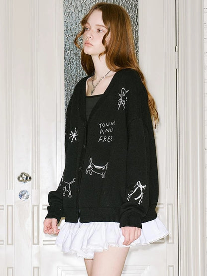 Retro Embroidered Dachshund V Neck Knit Cardigan