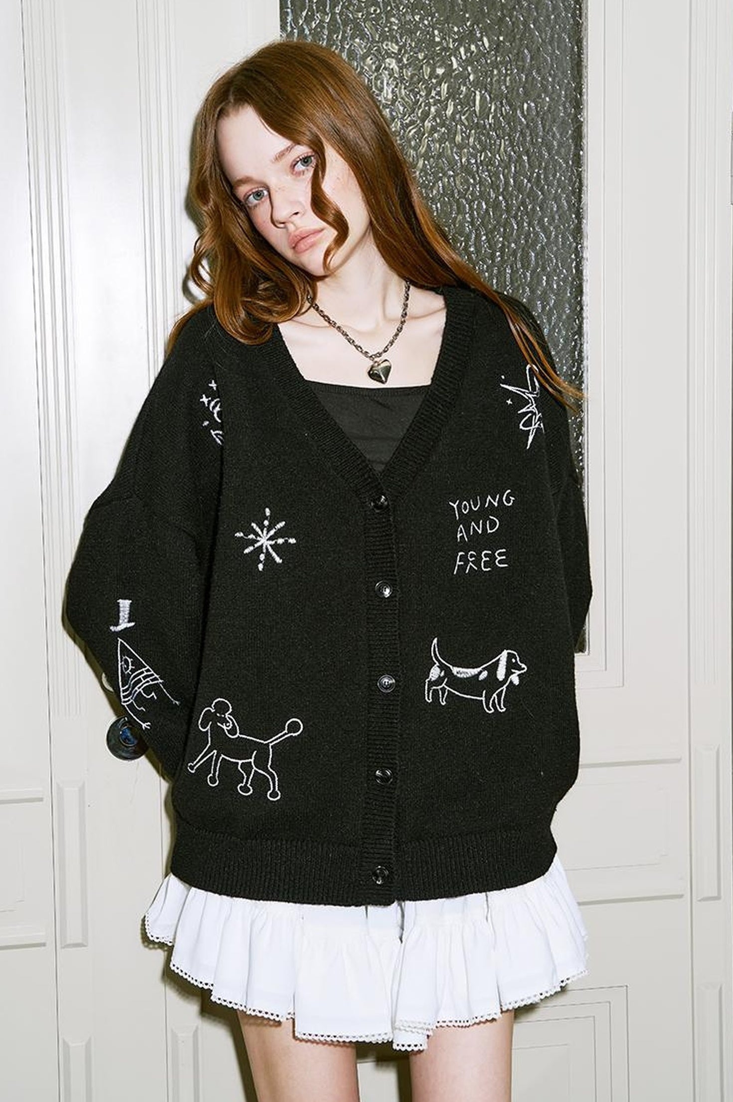 DIDDI MODA Retro Embroidered Dachshund V Neck Knit Cardigan
