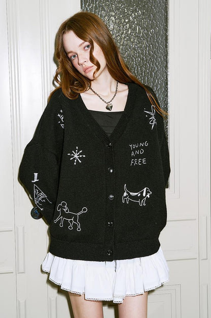 DIDDI MODA Retro Embroidered Dachshund V Neck Knit Cardigan