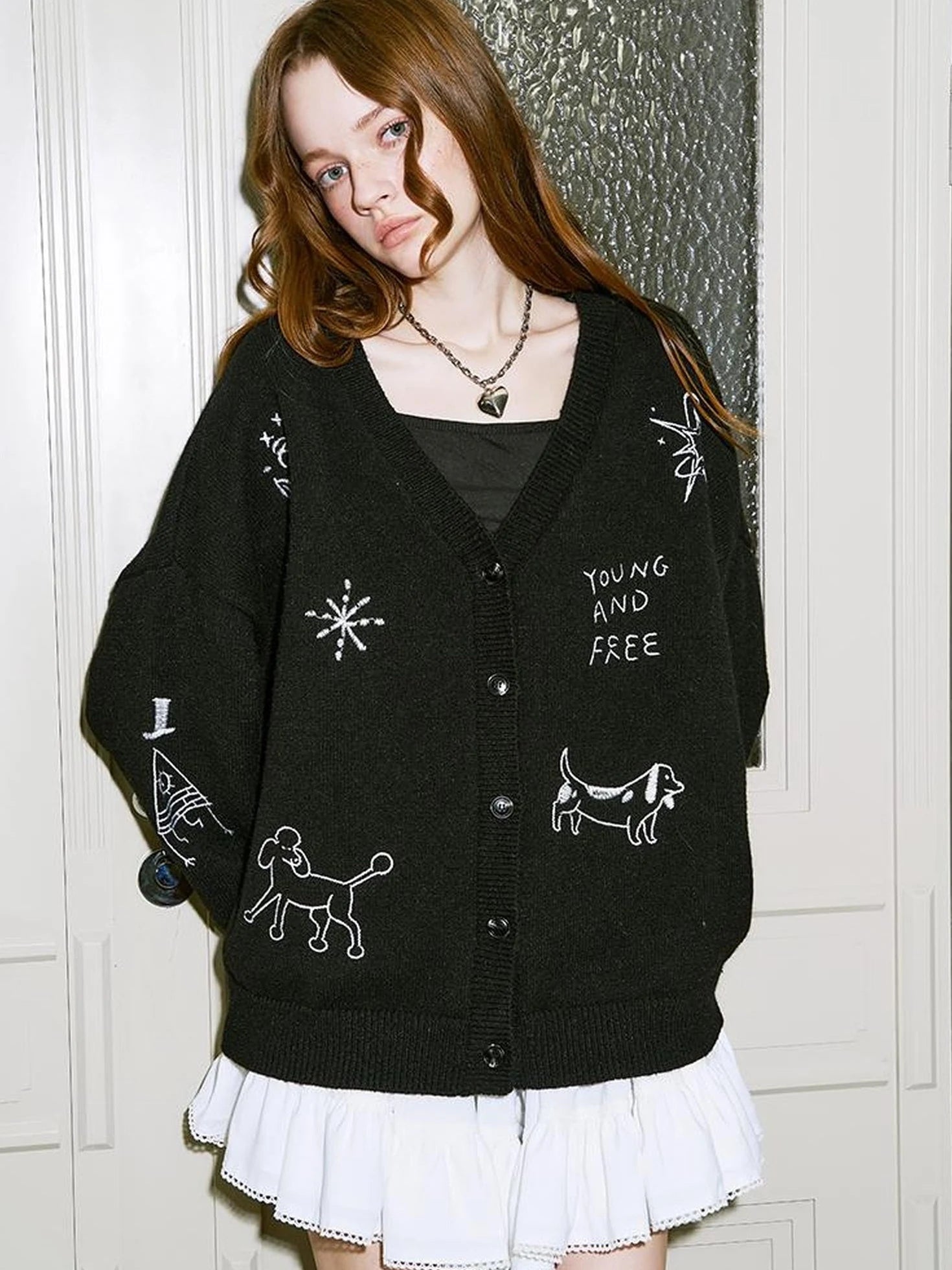 Retro Embroidered Dachshund V Neck Knit Cardigan