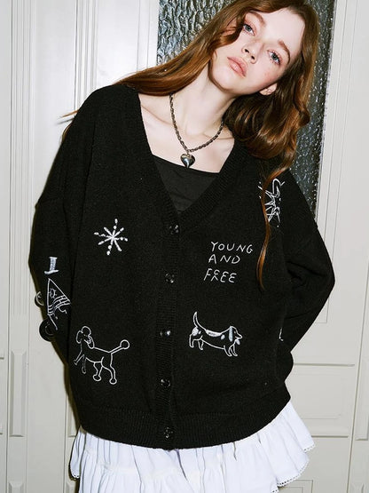 Retro Embroidered Dachshund V Neck Knit Cardigan