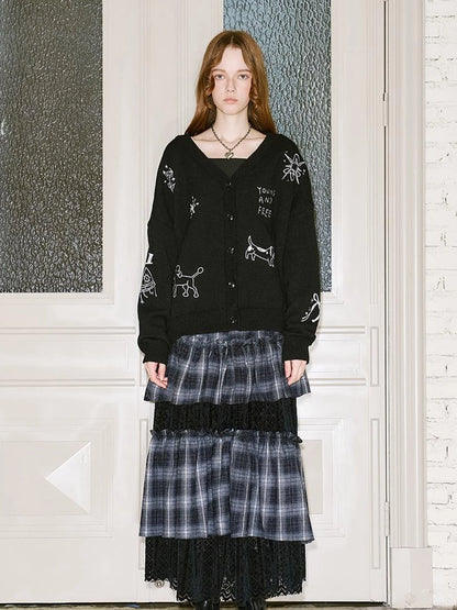 Retro Embroidered Dachshund V Neck Knit Cardigan