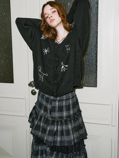 Retro Embroidered Dachshund V Neck Knit Cardigan