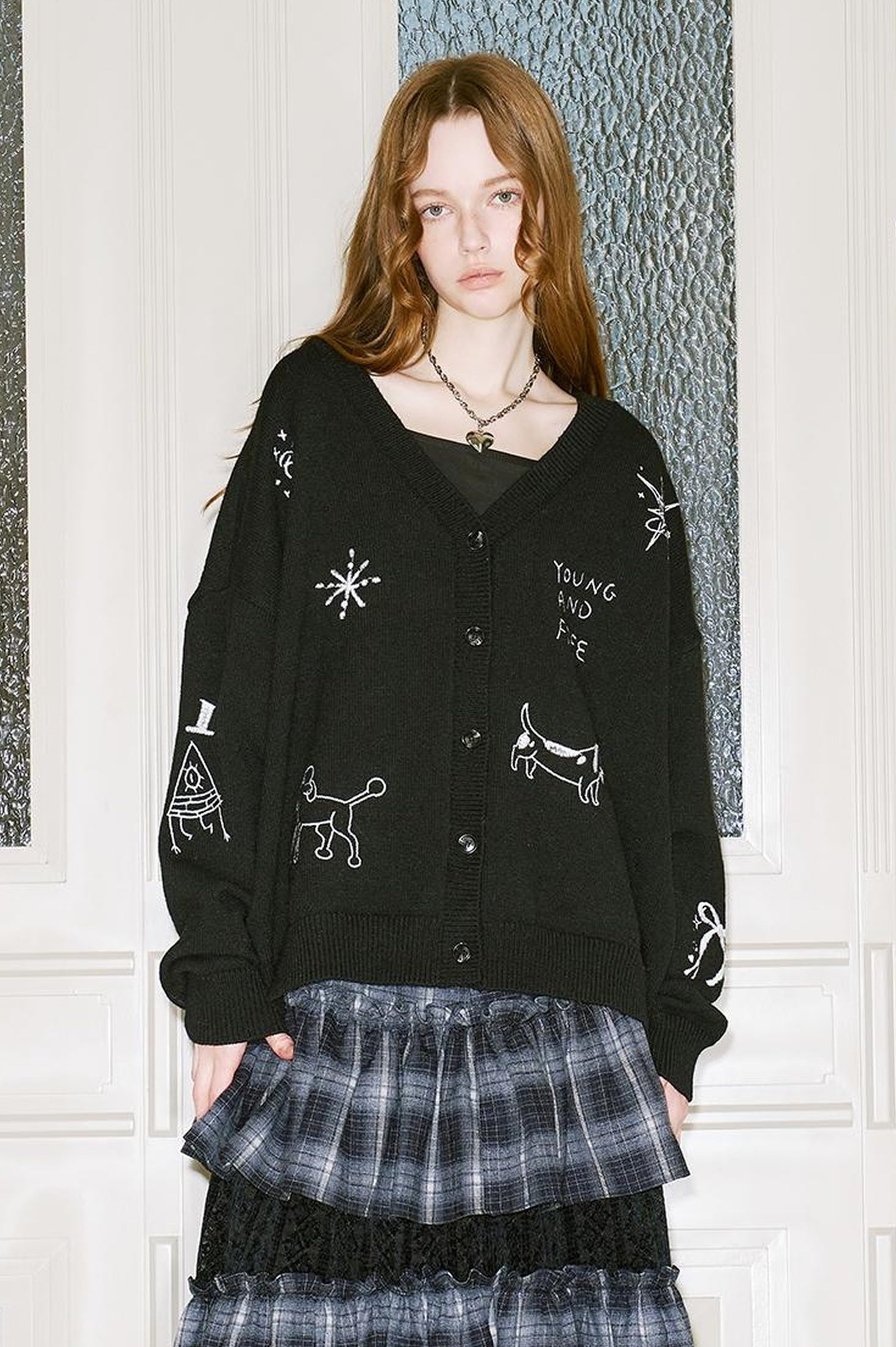 DIDDI MODA Retro Embroidered Dachshund V Neck Knit Cardigan