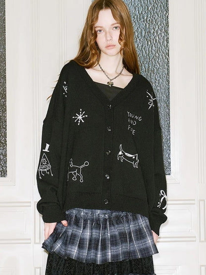 Retro Embroidered Dachshund V Neck Knit Cardigan