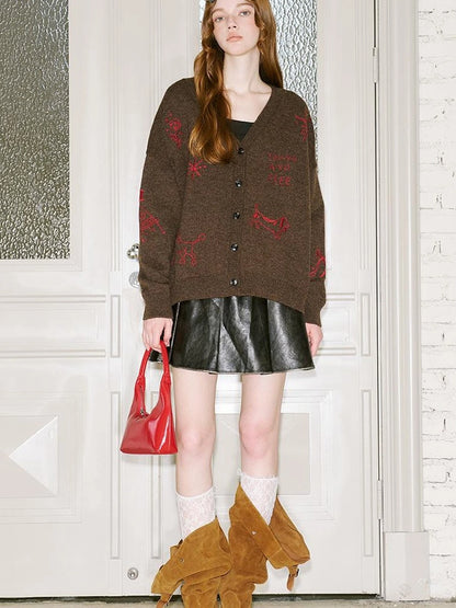 Retro Embroidered Dachshund V Neck Knit Cardigan