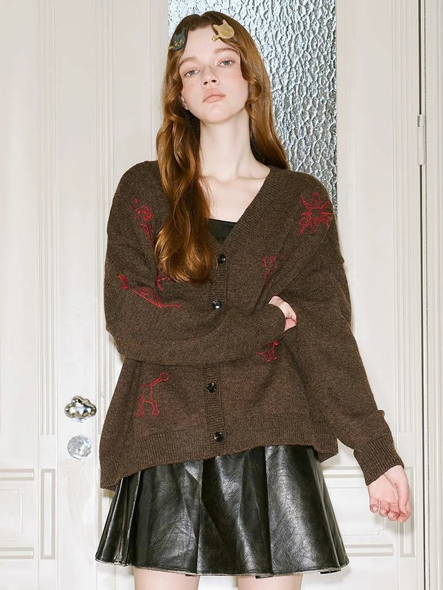 Retro Embroidered Dachshund V Neck Knit Cardigan