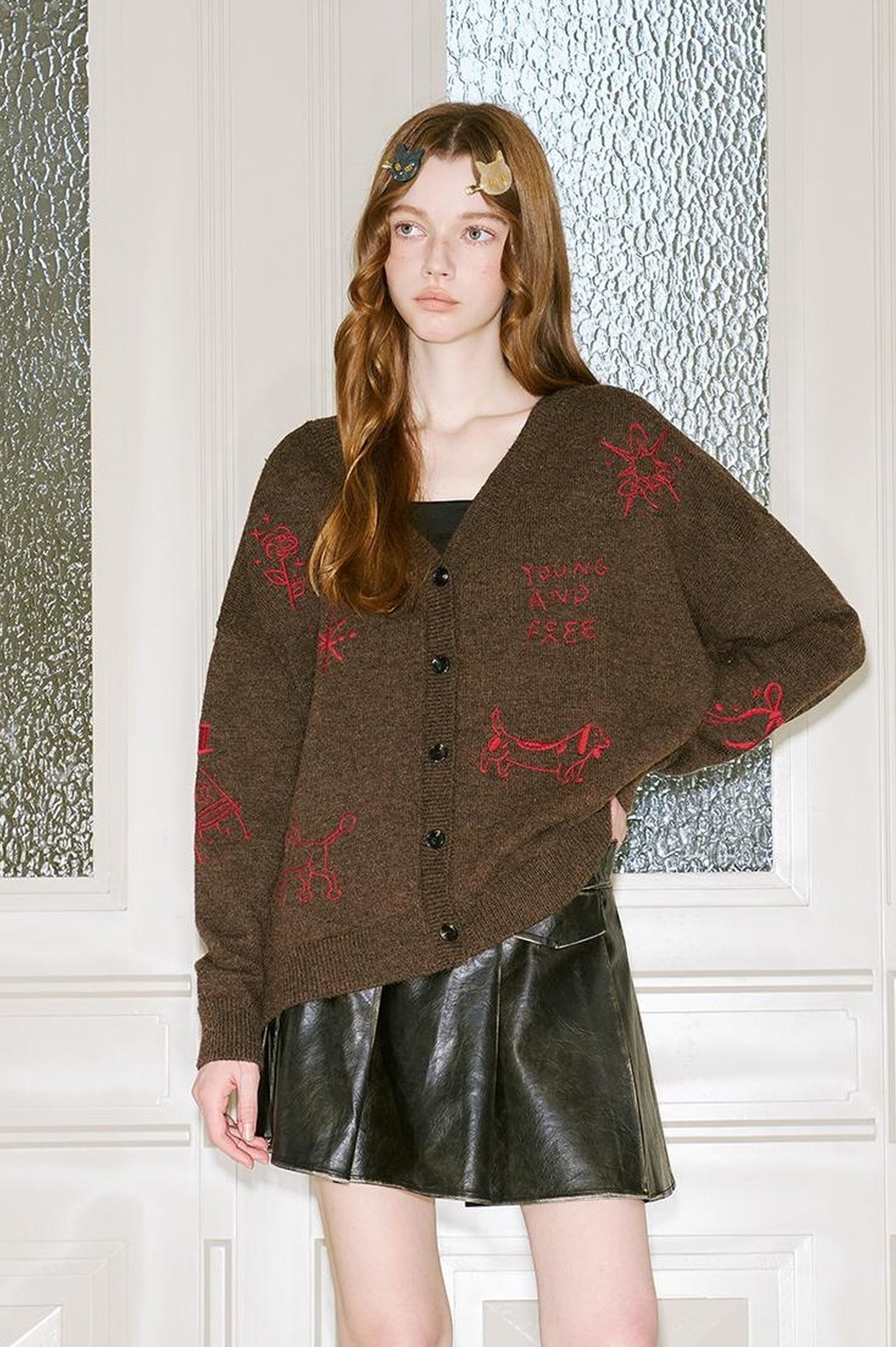 DIDDI MODA Retro Embroidered Dachshund V Neck Knit Cardigan