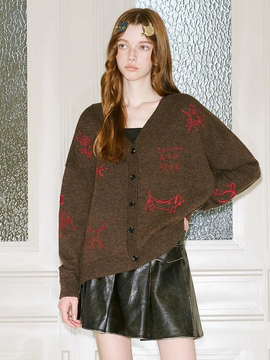 Retro Embroidered Dachshund V Neck Knit Cardigan