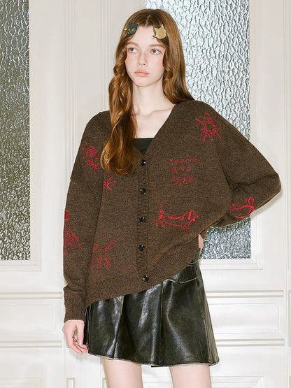 Retro Embroidered Dachshund V Neck Knit Cardigan