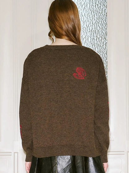 Retro Embroidered Dachshund V Neck Knit Cardigan