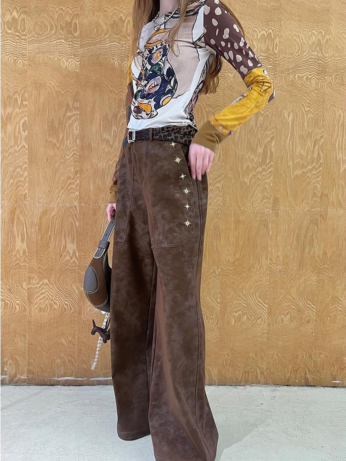 DIDDI MODA Retro Embroidered PU Wide Leg Trousers