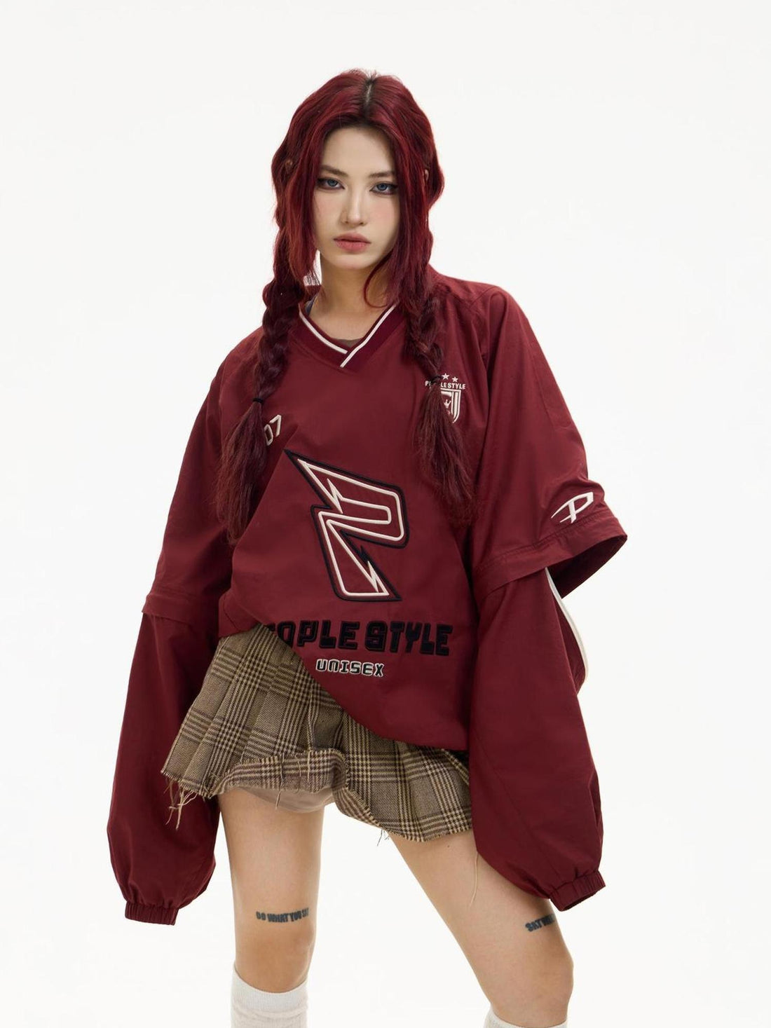 Peoplesense Retro Embroidered V Neck Red Sportswear Unisex Loose Fit Detachable Sleeves