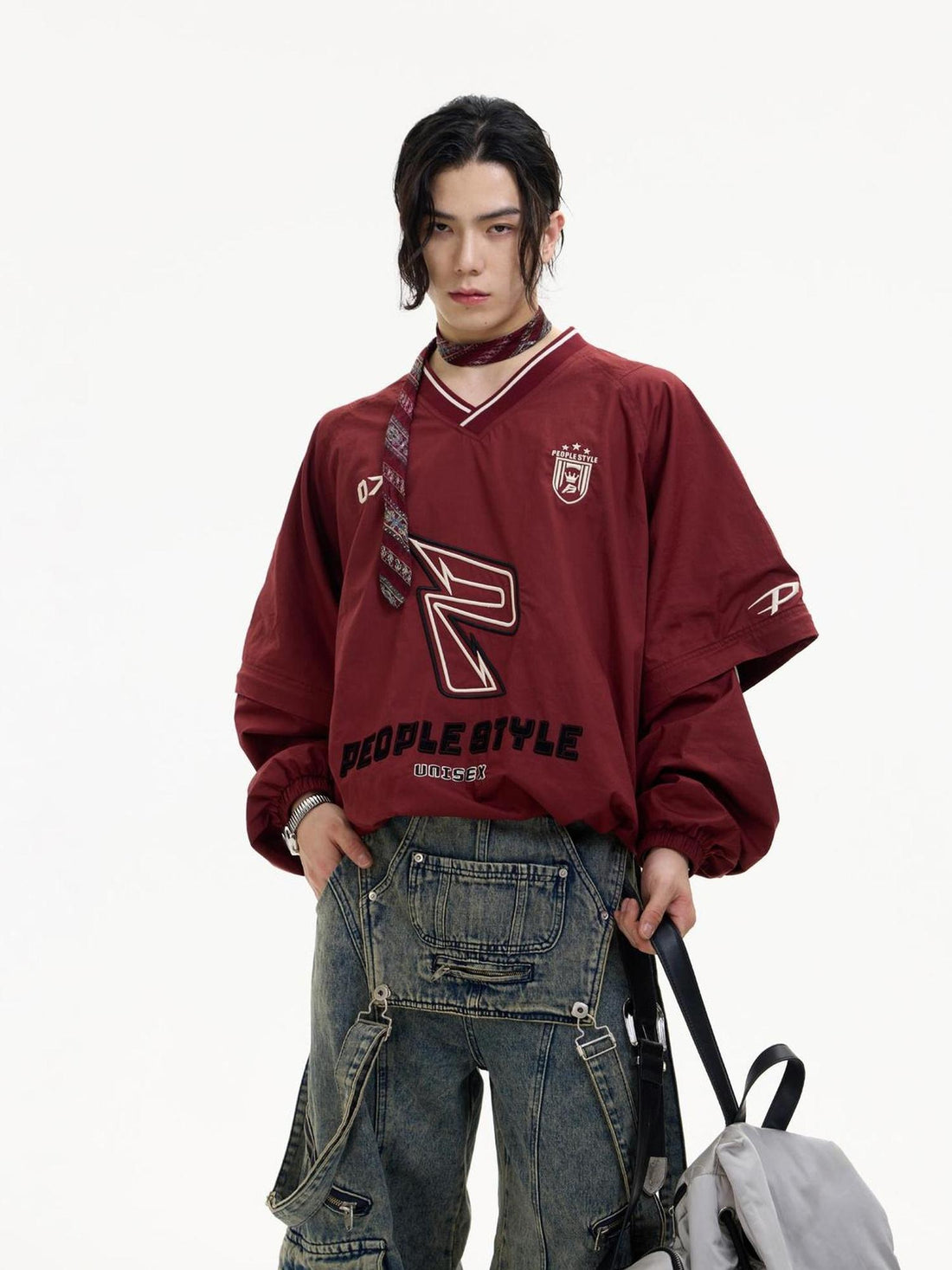 Peoplesense Retro Embroidered V Neck Red Sportswear Unisex Loose Fit Detachable Sleeves