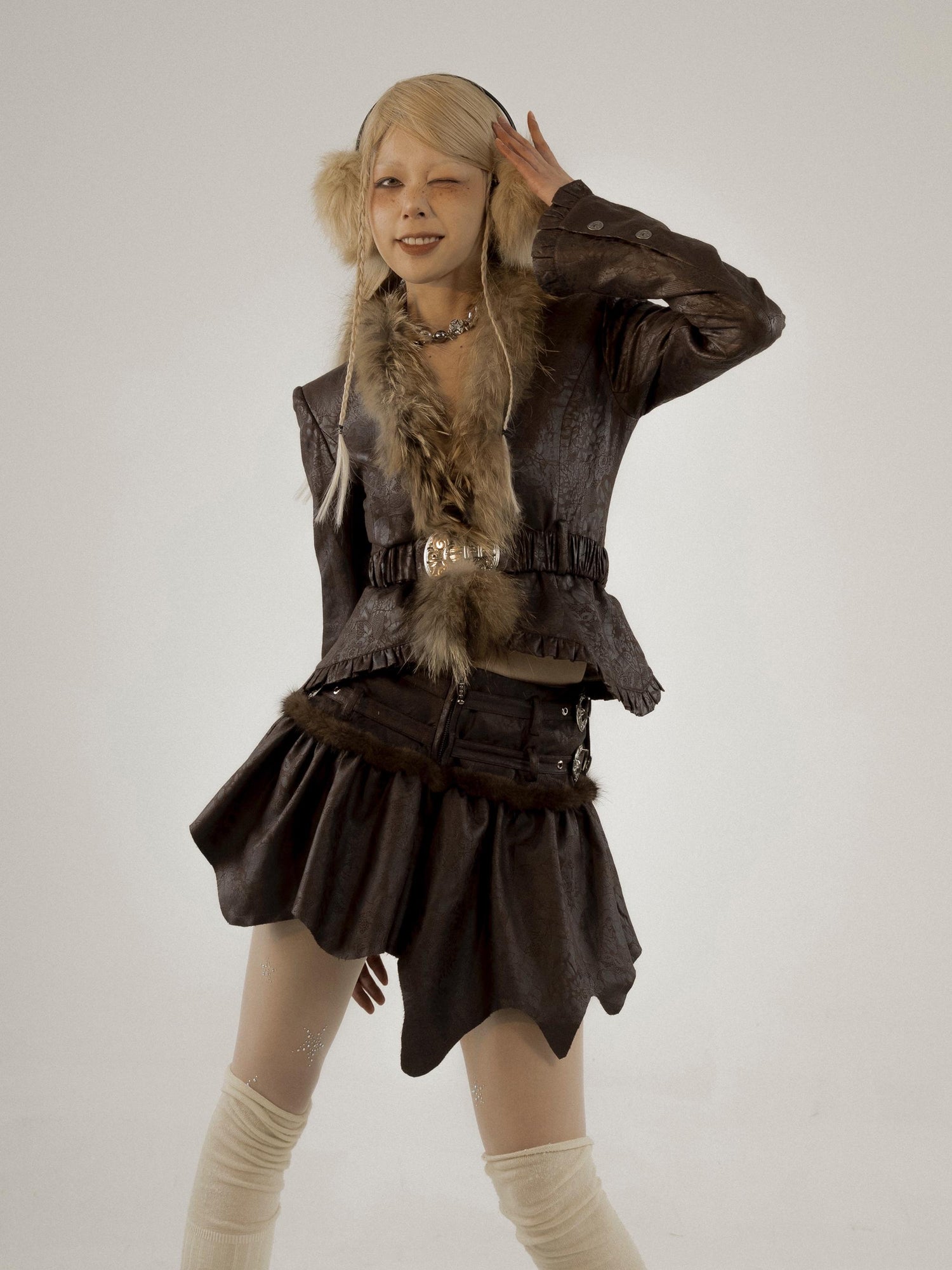 Retro Fluffy PU Leather Crop Jacket Skirt Set Dresses