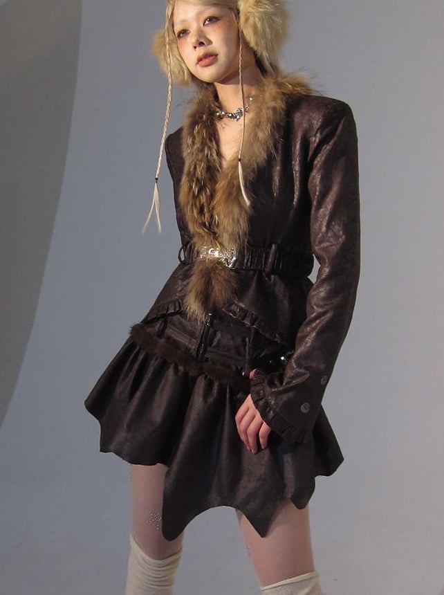 Retro Fluffy PU Leather Crop Jacket Skirt Set Dresses