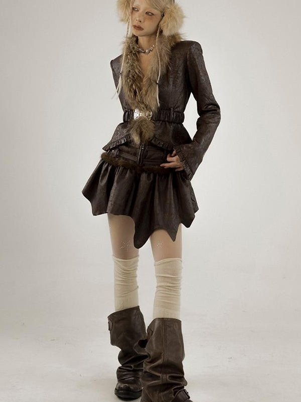 Retro Fluffy PU Leather Crop Jacket Skirt Set Dresses